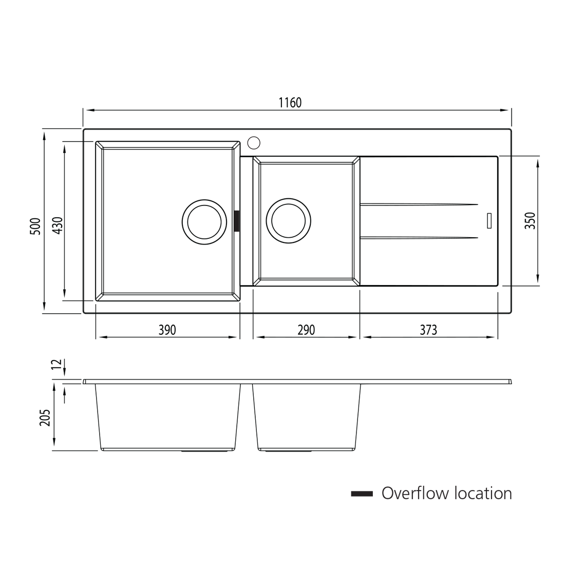 Oliveri Santorini 1 & 3/4 Bowl Topmount Sink With Right Hand Drainer Matte Black ST-MB1511OF