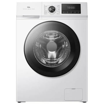 White washing machine with black door on a white background