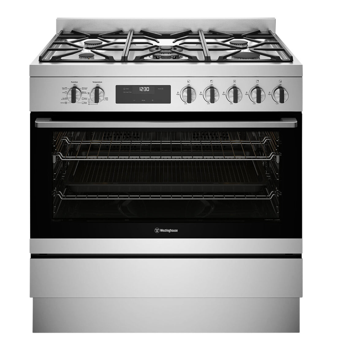 Westinghouse 90cm dual fuel freestanding cooker WFE9515SD stainless steel front view