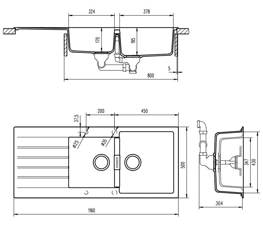 Abey Schock Signus 1 and 3/4 Bowl Sink with Drainer D200S