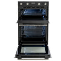 Black double oven with open doors on a white background