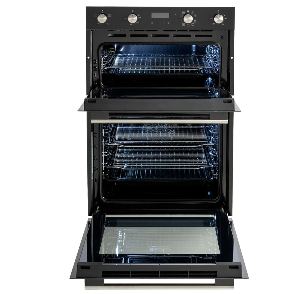 Black double oven with open doors on a white background