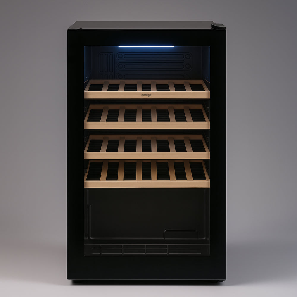 Wine cooler with glass door on a white background