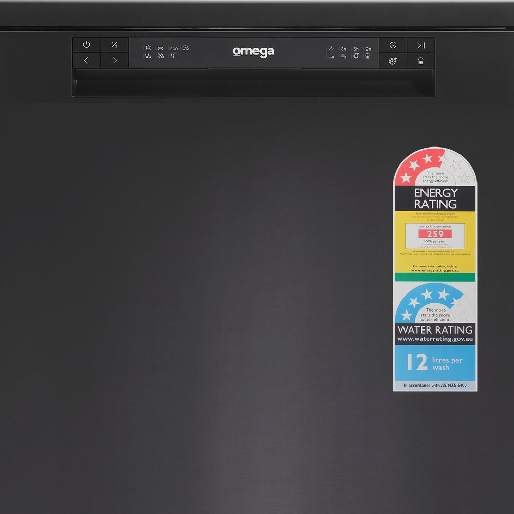 Omega 60cm Freestanding Dishwasher Black Stainless Steel ODWF6014BX