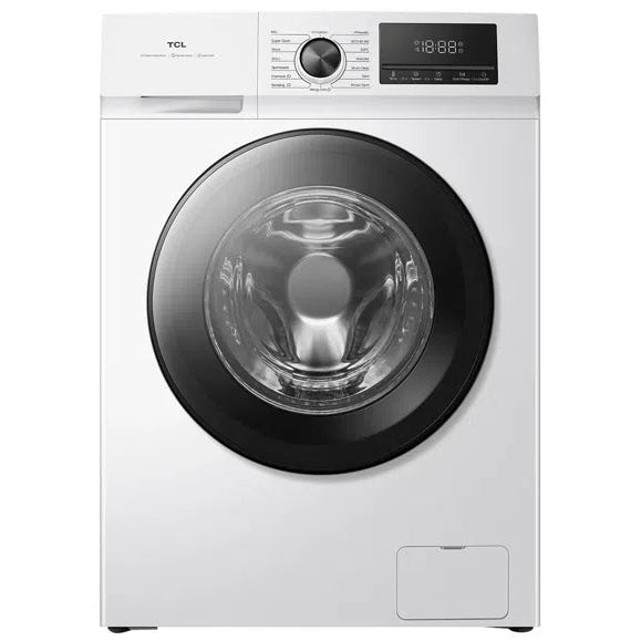 White washing machine with black door on a white background