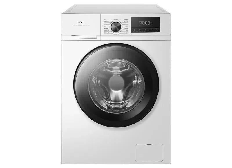 White washing machine with black door on a white background