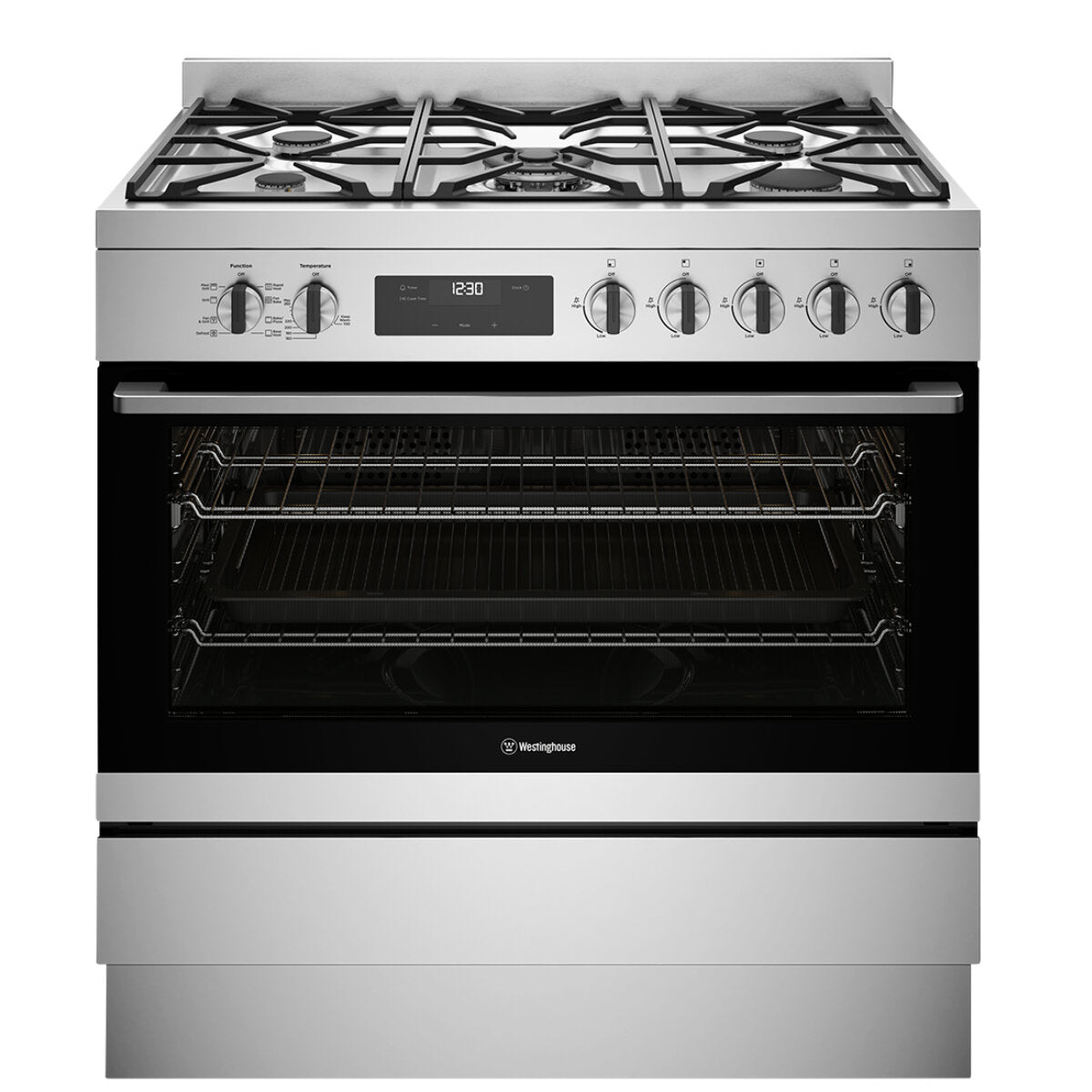 Westinghouse 90cm dual fuel freestanding cooker WFE9515SD stainless steel front view