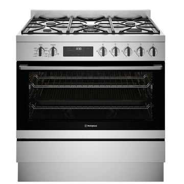 Westinghouse 90cm dual fuel freestanding cooker WFE9515SD stainless steel front view