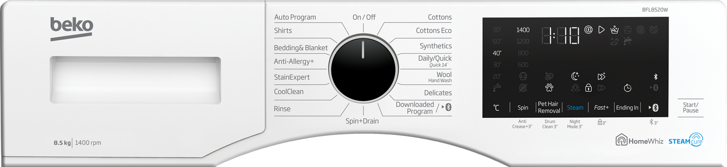 Beko 8.5kg SteamCure Front Load Washing Machine with Bluetooth BFL8520W